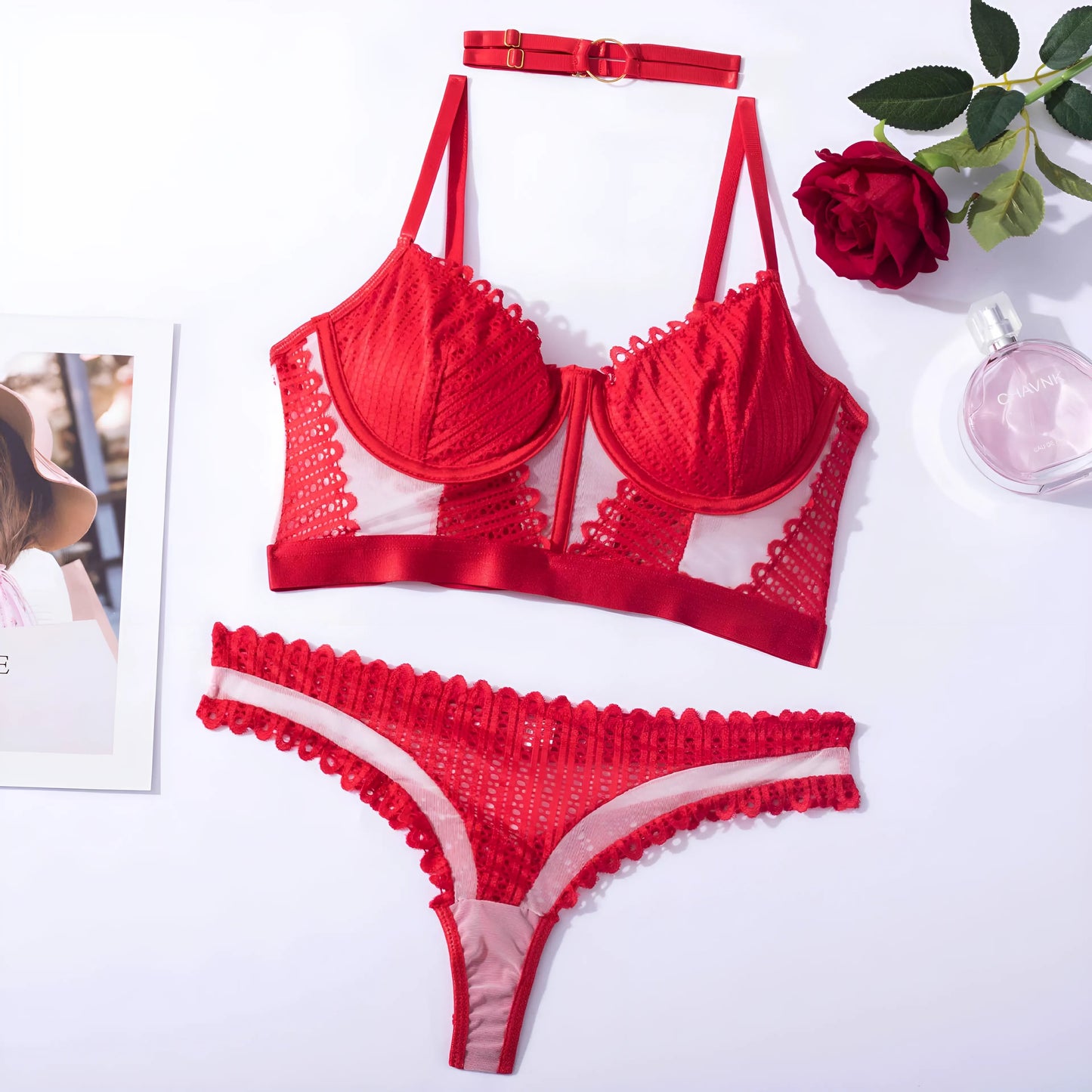 Red Lace Lingerie Set with Low Rise Bottoms