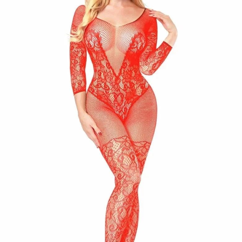 Rot Bodystocking mit längeren Ärmeln