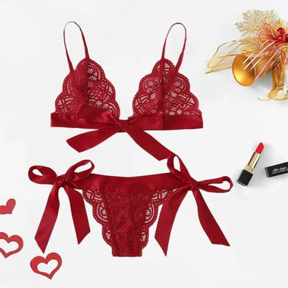 Rot Dessous-Set aus Spitze mit Schleifen