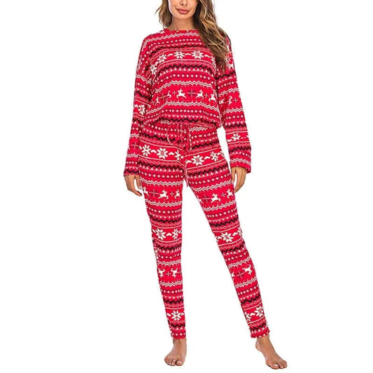 Rot Langer Damenpyjama mit weihnachtlichem Motiv