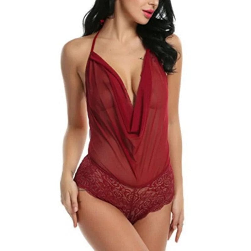 Rot Spitzen-Bodysuit mit Mesh-Front