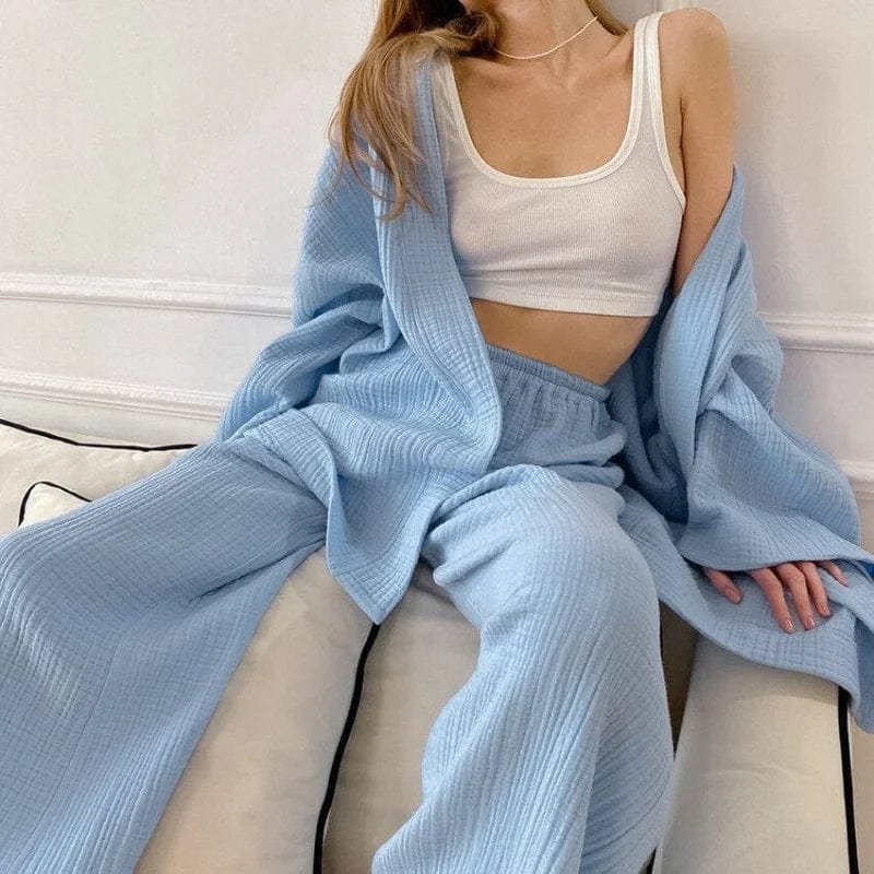 Schlafanzug aus Musselin mit Gürtel - Blau / S