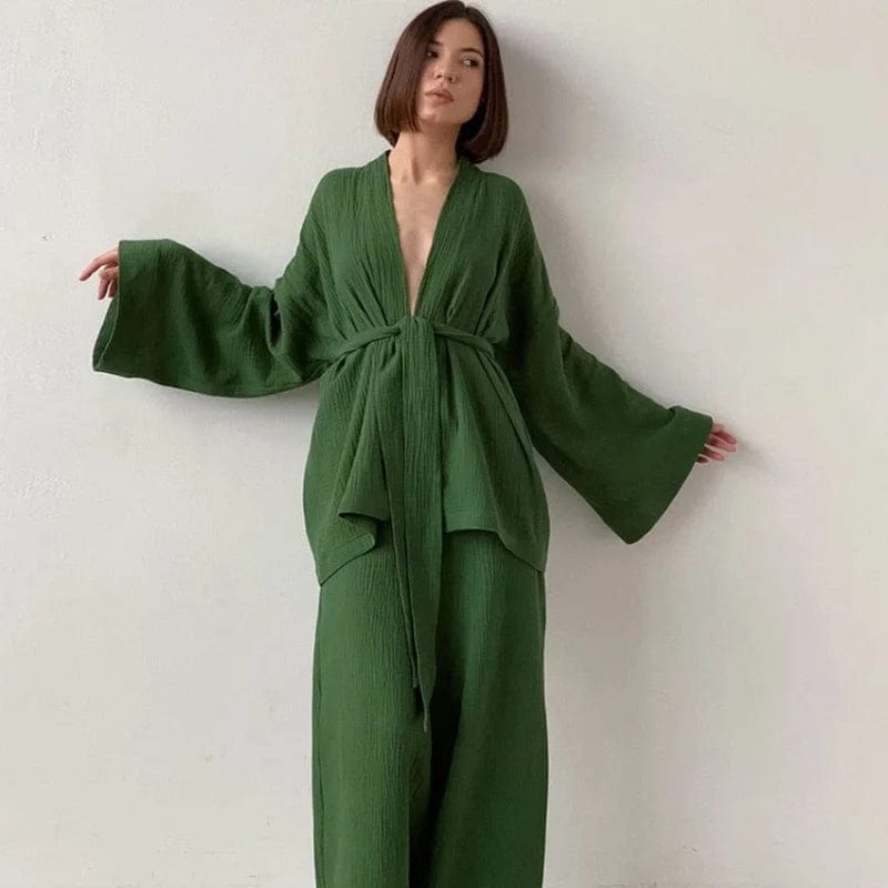 Schlafanzug aus Musselin mit Gürtel - Grün / S