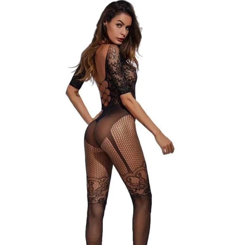 Schwarz Bodystocking mit Spitzenabschluss und Schnürung auf der Rückseite