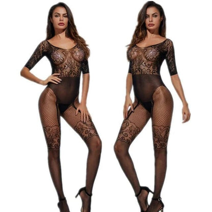 Schwarz Bodystocking mit Spitzenabschluss und Schnürung auf der Rückseite