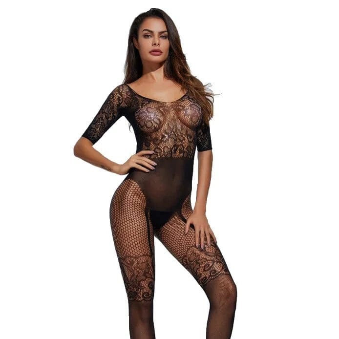 Schwarz Bodystocking mit Spitzenabschluss und Schnürung auf der Rückseite