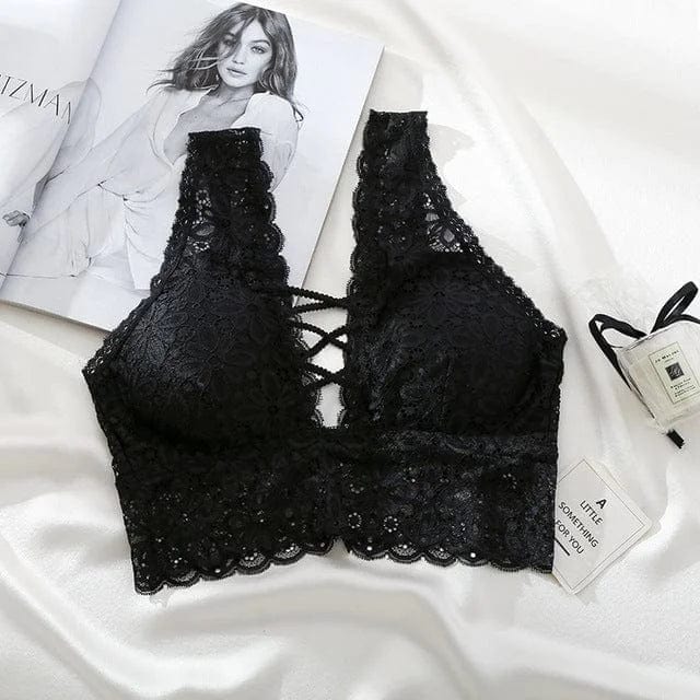 Schwarz Bralette-BH aus Spitze mit Streifen am Ausschnitt