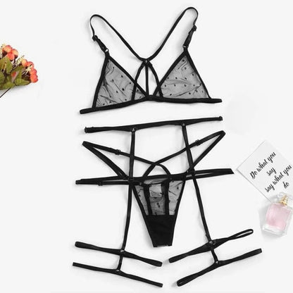 Schwarz Dreiteiliges Dessous-Set mit Tupfen