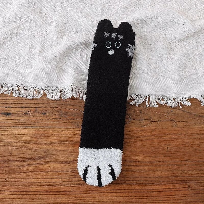 Schwarz Flauschige Damensocken mit Katzenmotiv