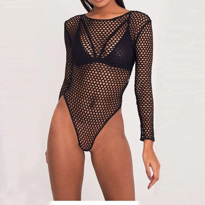 Schwarz Langärmliger Mesh-Bodysuit