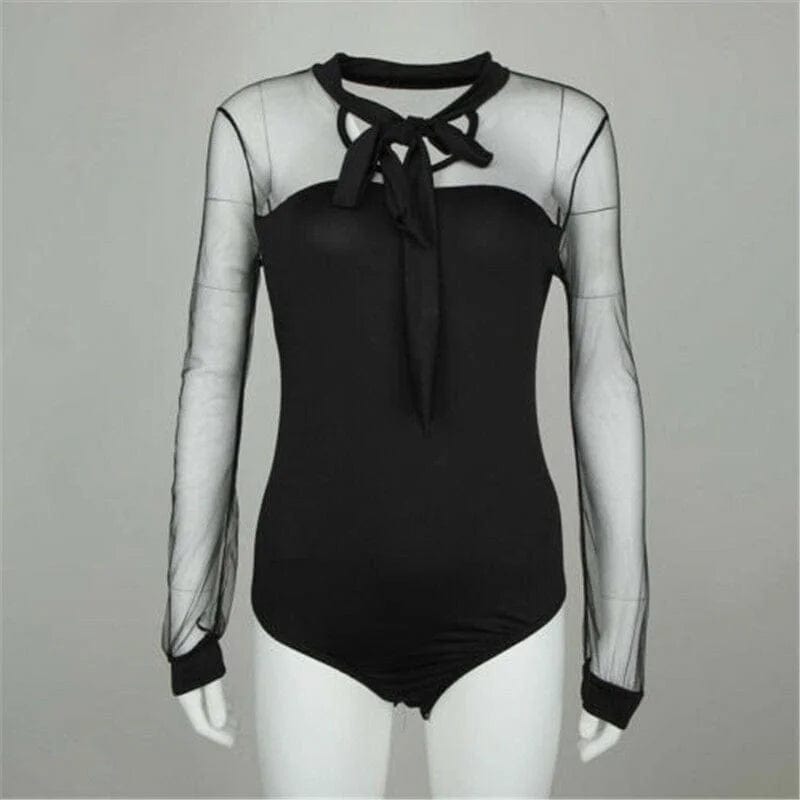 Schwarz Spitzen-Bodysuit mit Bindeband am Hals