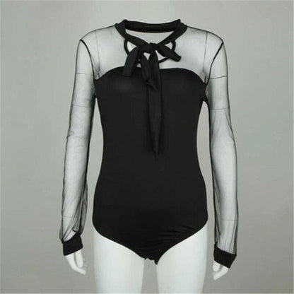 Schwarz Spitzen-Bodysuit mit Bindeband am Hals