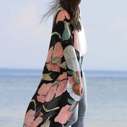 Schwarz Strandkimono mit großen Blumen