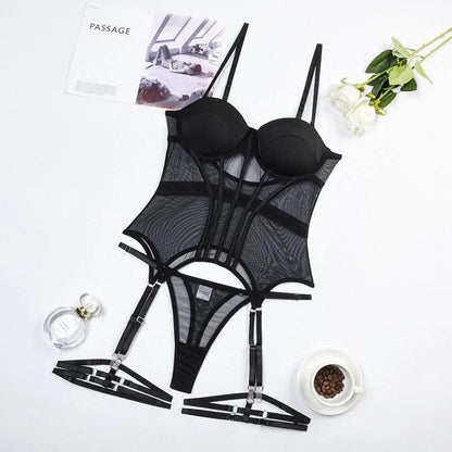  Schwarzes Spitzen-Dessous-Set mit Korsettschnitt