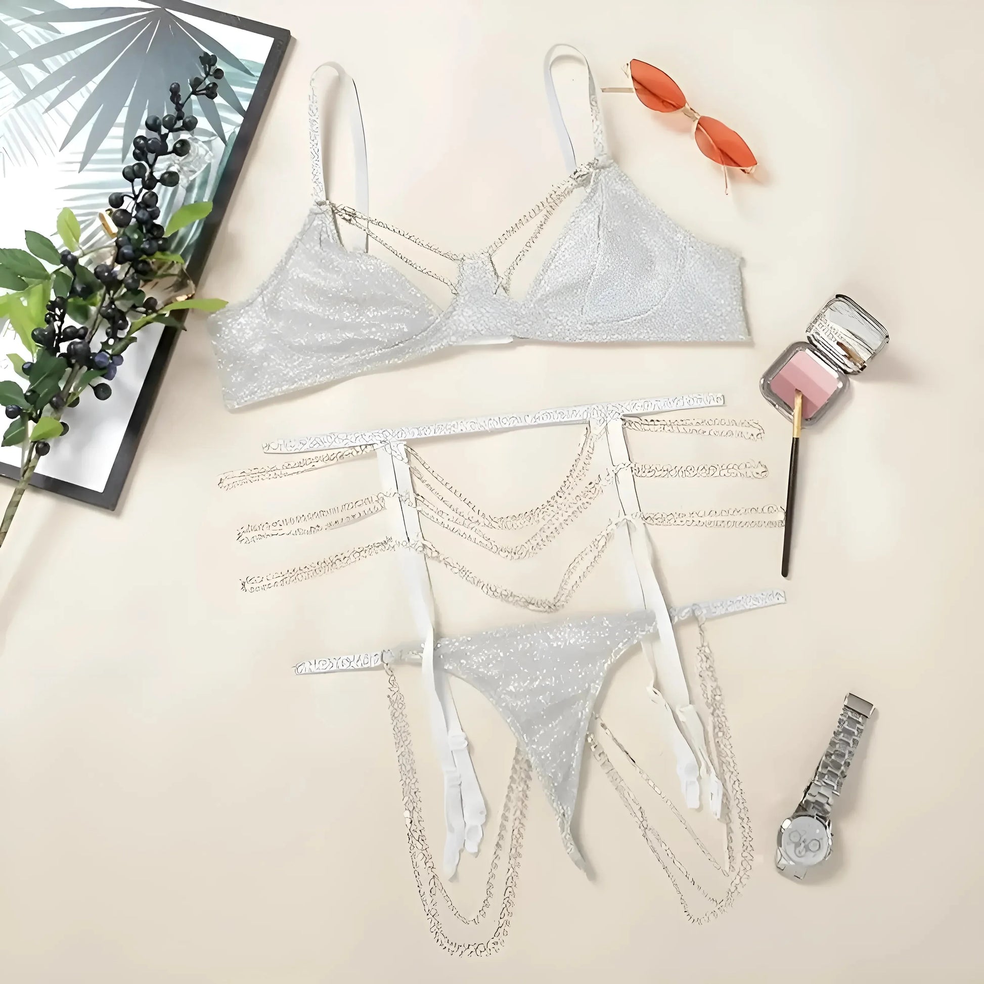Silver 3-Piece Shiny Lingerie Set