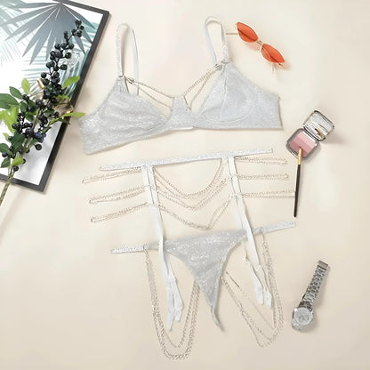 Silver 3-Piece Shiny Lingerie Set