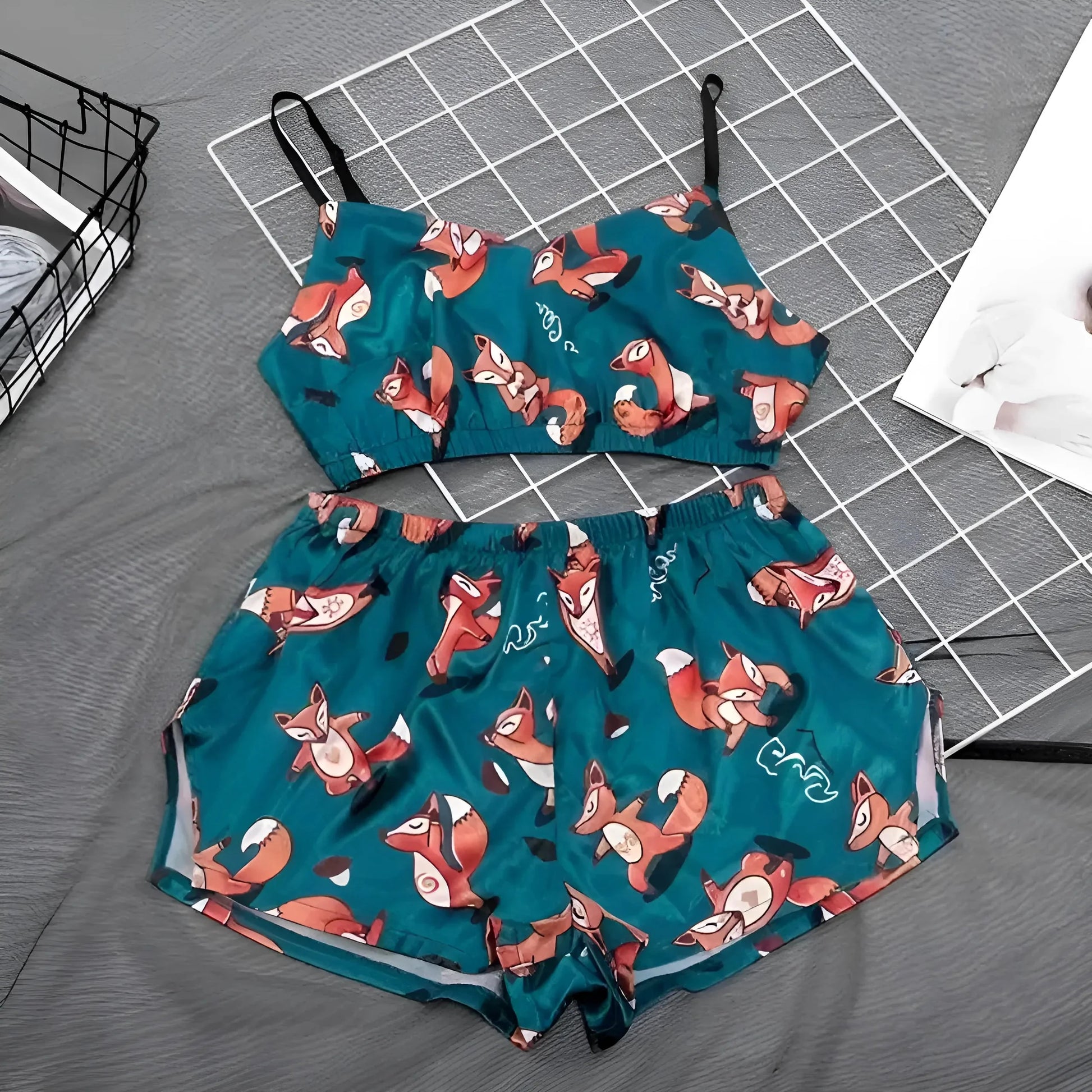 Turquoise Short Top and Patterned Pyjama Set