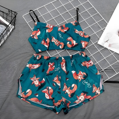 Turquoise Short Top and Patterned Pyjama Set