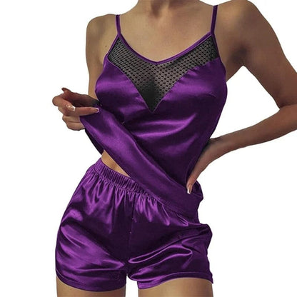 Violett Damenpyjama mit Mesh auf der Brust