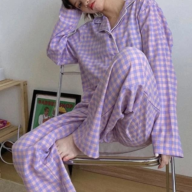 Violett Karierter Damenpyjama