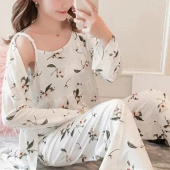 Weiß Langer Pyjama mit Blumen