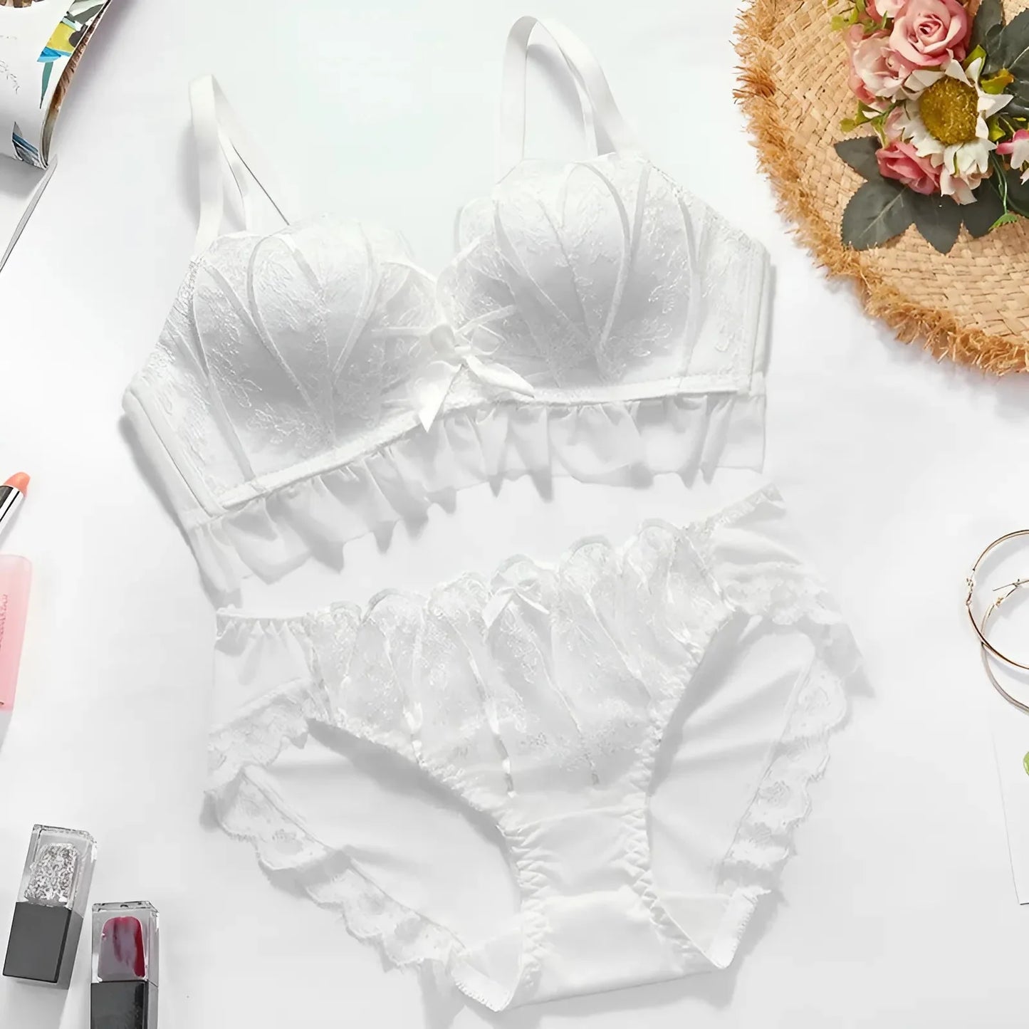 White Lace Lingerie Set with Low-Cut Bra