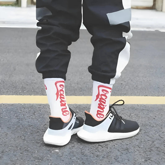 White Men's Long Socks with 'Cocaine' Print