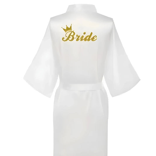 White Satin Bridal Robe with "Bride" Embroidery