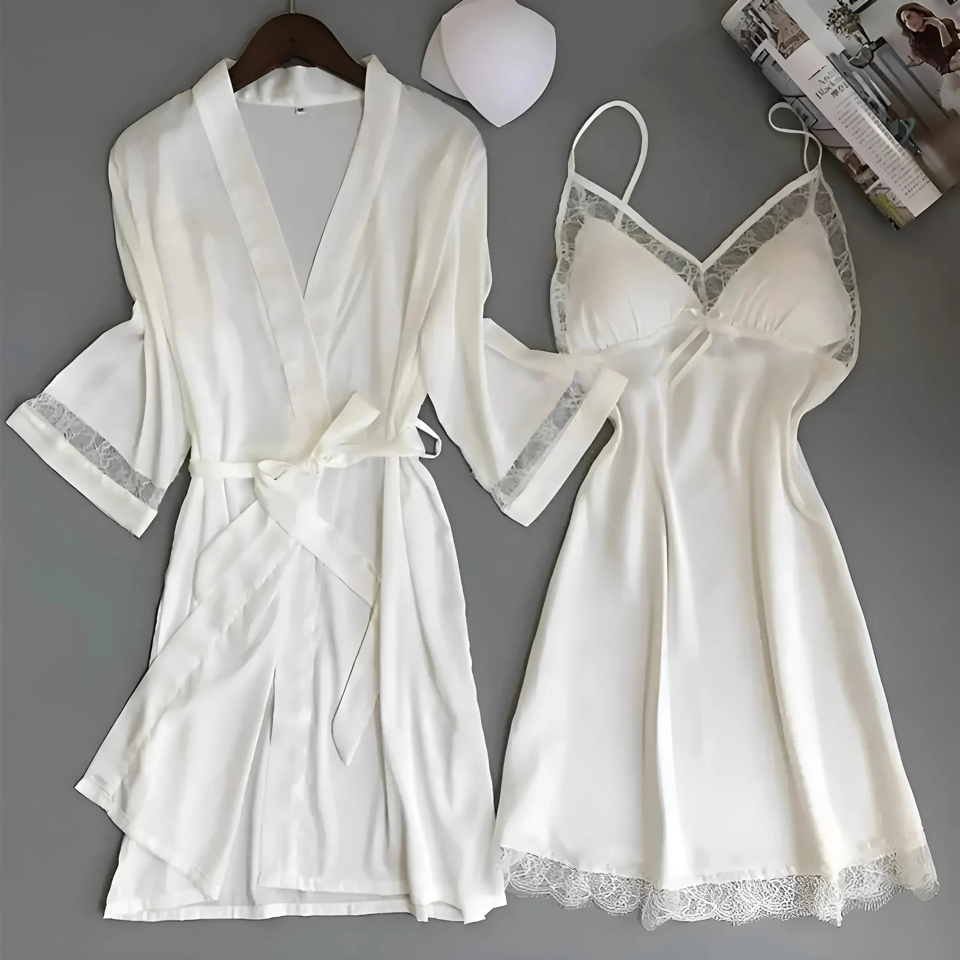 White White Satin Nightwear Set with Lace