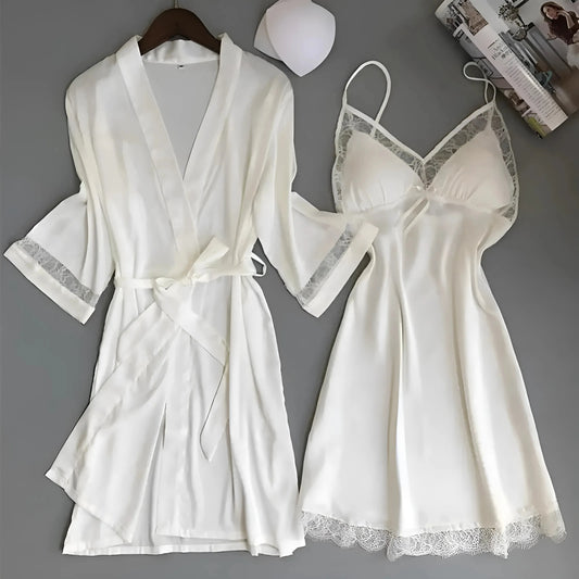 White White Satin Nightwear Set with Lace