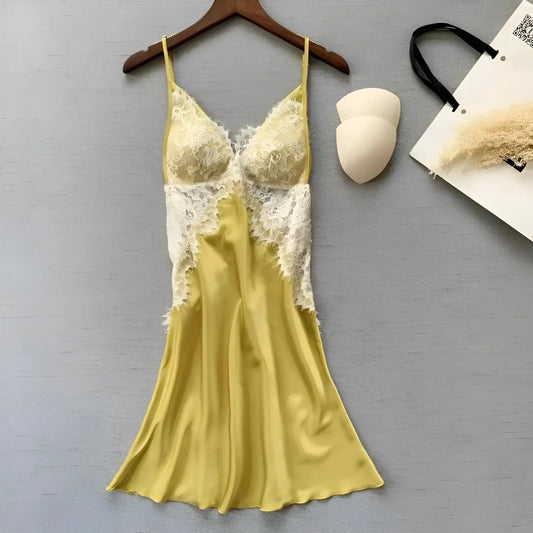 Yellow Lace Trim Nightdress with Bust Detail