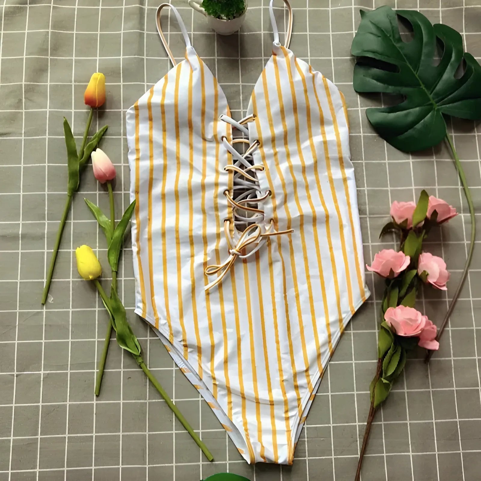 Yellow One-Piece Swimsuit with Ties