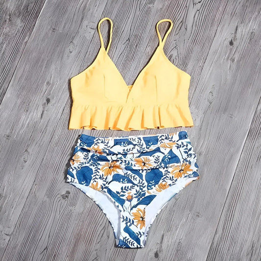 Yellow Two-Piece Swimsuit with Ruffle Detail