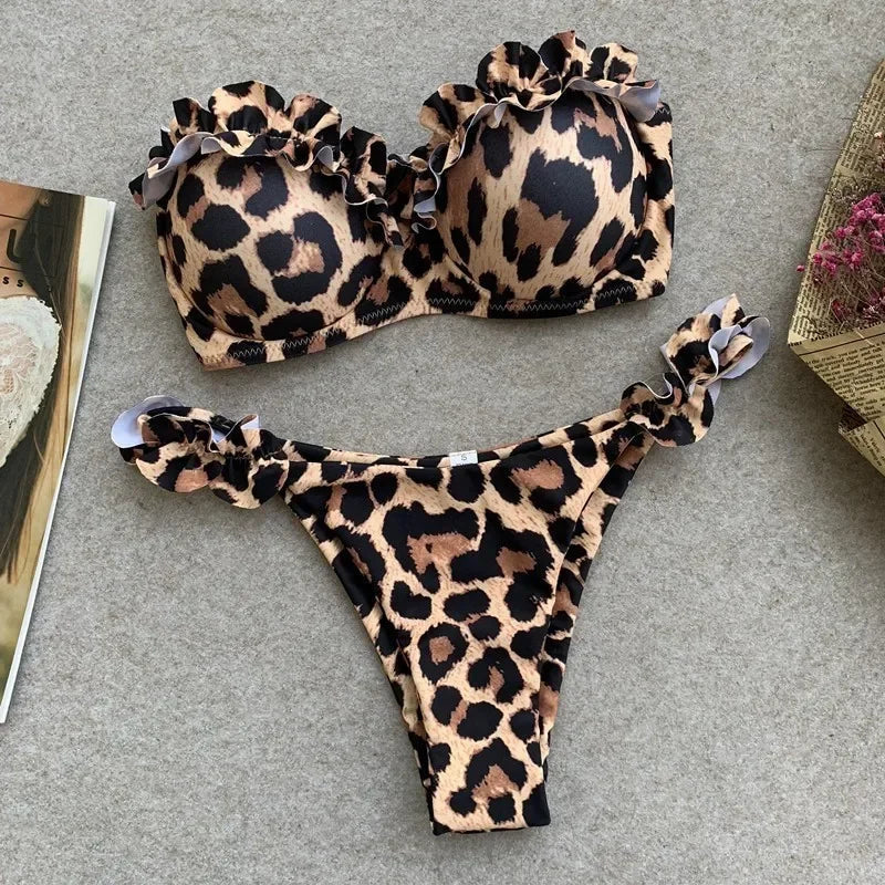  Zweiteiliger Bikini mit Leopardenmuster und Rüschen